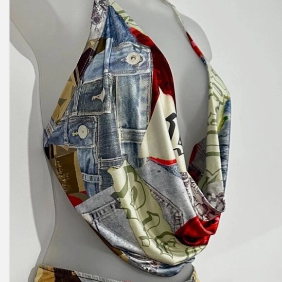 I.AM.GIA Sasha Cherry Print Drape Top Cowl Neck Halter Open-back - Picture 3 of 8